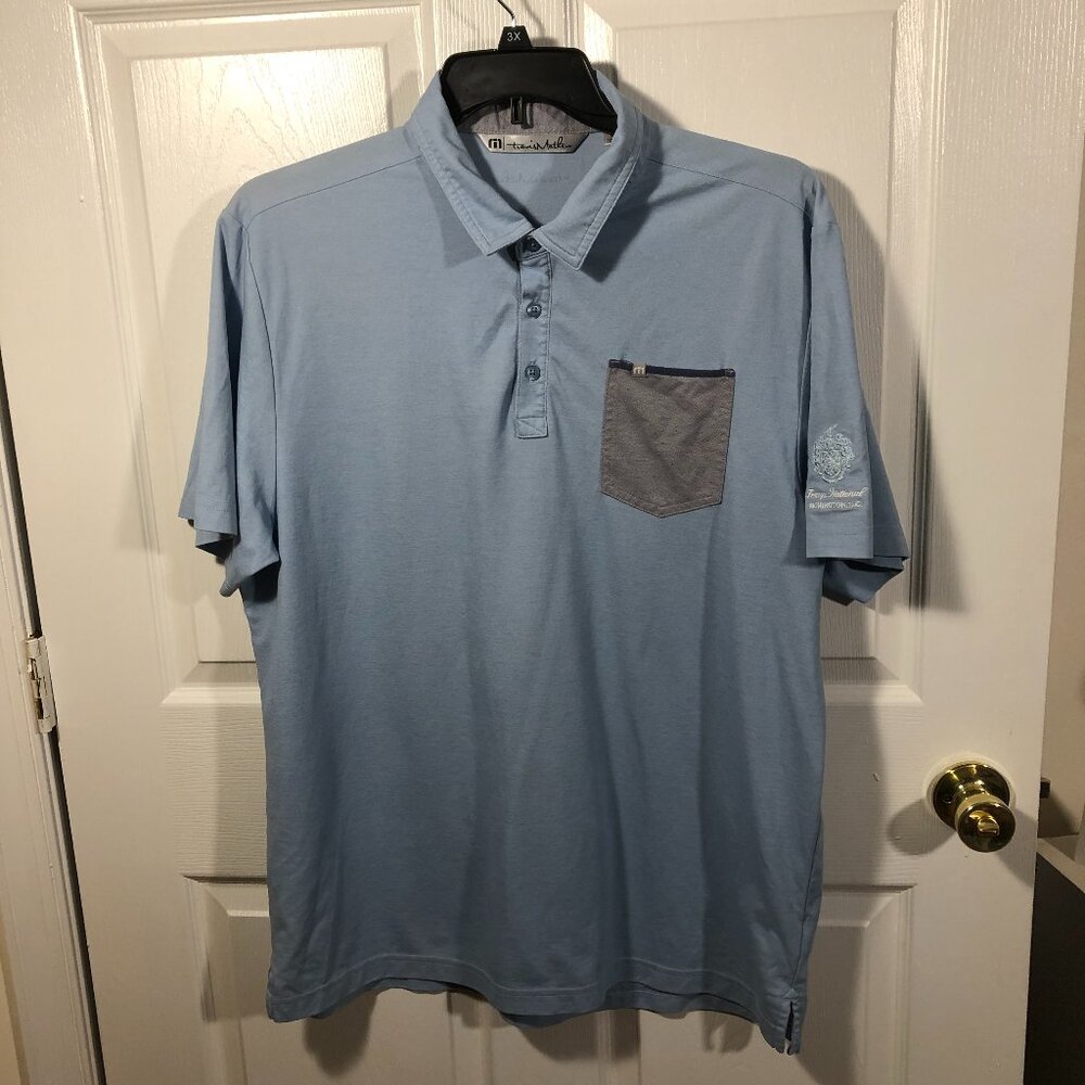 Travis Matthew men short sleeve blue polo shirt, Trump National DC